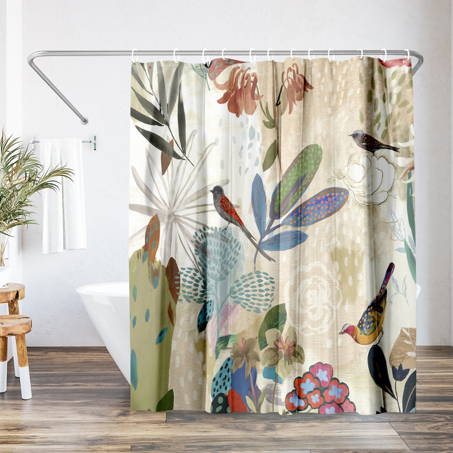 71x74 Abstract Shower Curtain with 12 Metal Grommets | Colorful Botanical Design