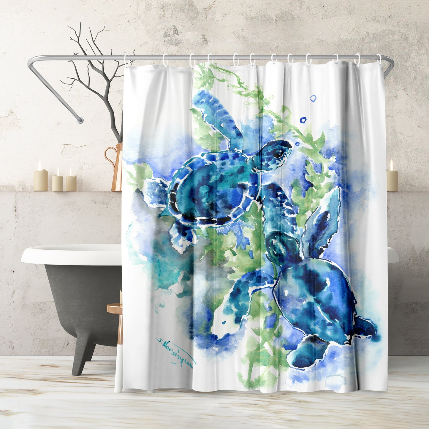 71" x 74" Abstract Shower Curtain with 12 Hooks, Sea Turtles 1 by Suren Nersisyan