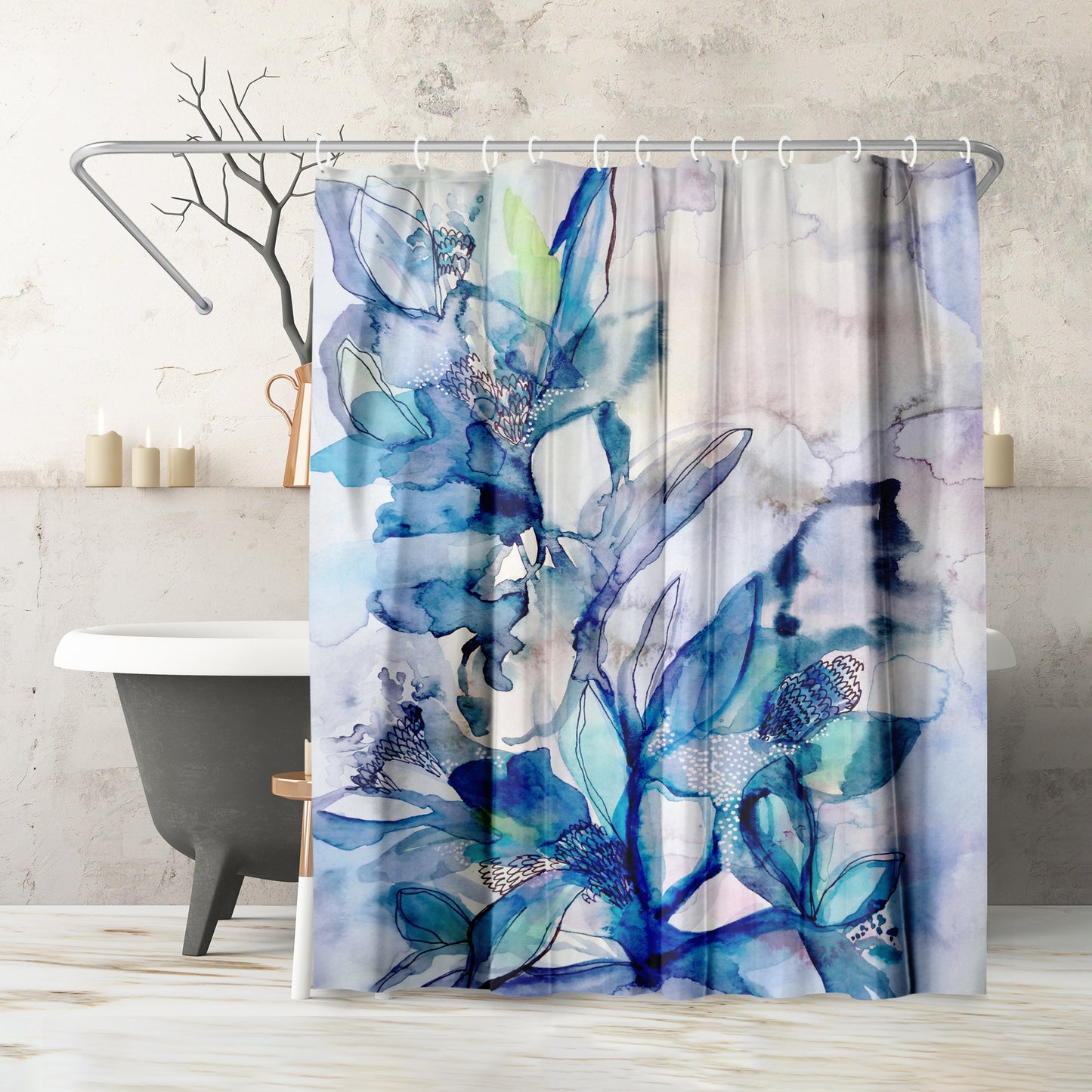 71" x 74" Abstract Shower Curtain with 12 Hooks, Aqua Floral by Hope Bainbridge