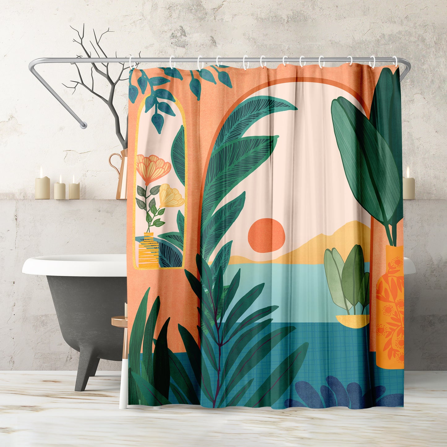 71" x 74" Boho Shower Curtain with 12 Hooks, Ocean View by Modern Tropical