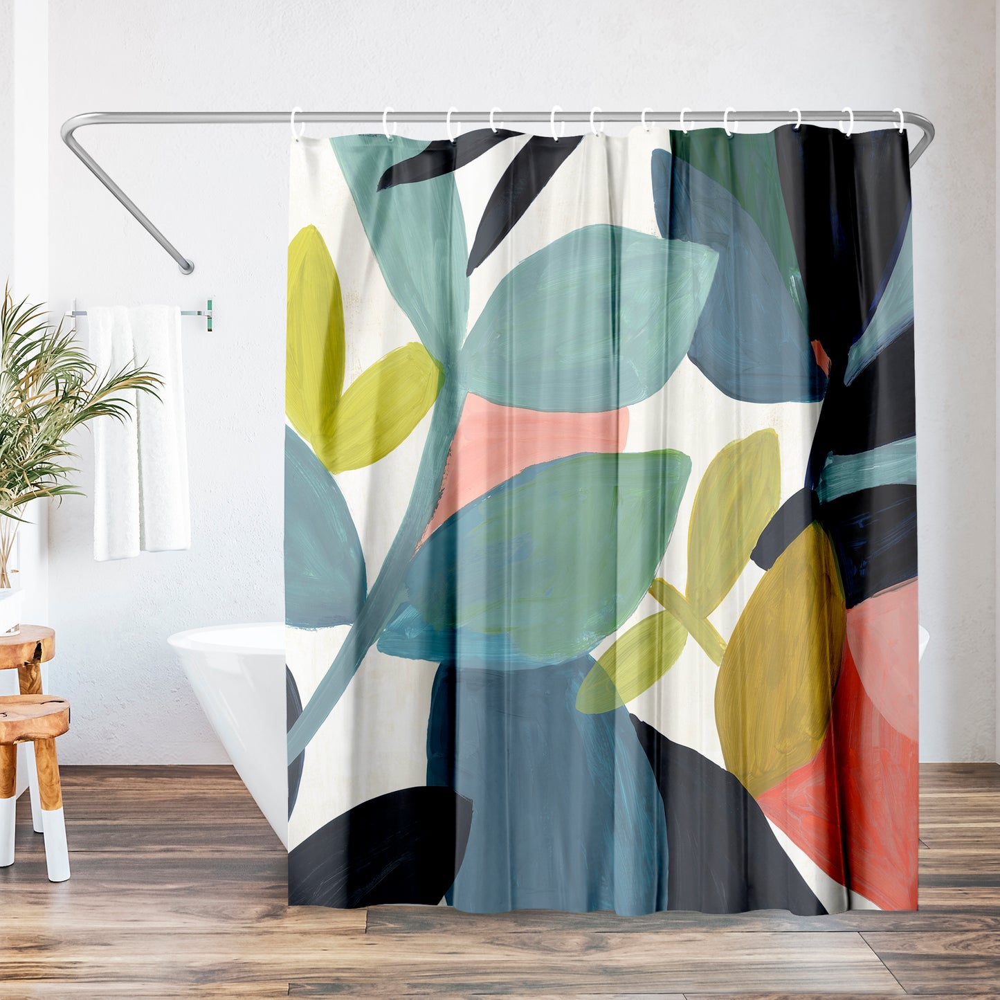 71x74 Abstract Shower Curtain with 12 Metal Grommets | Vibrant Botanical Design