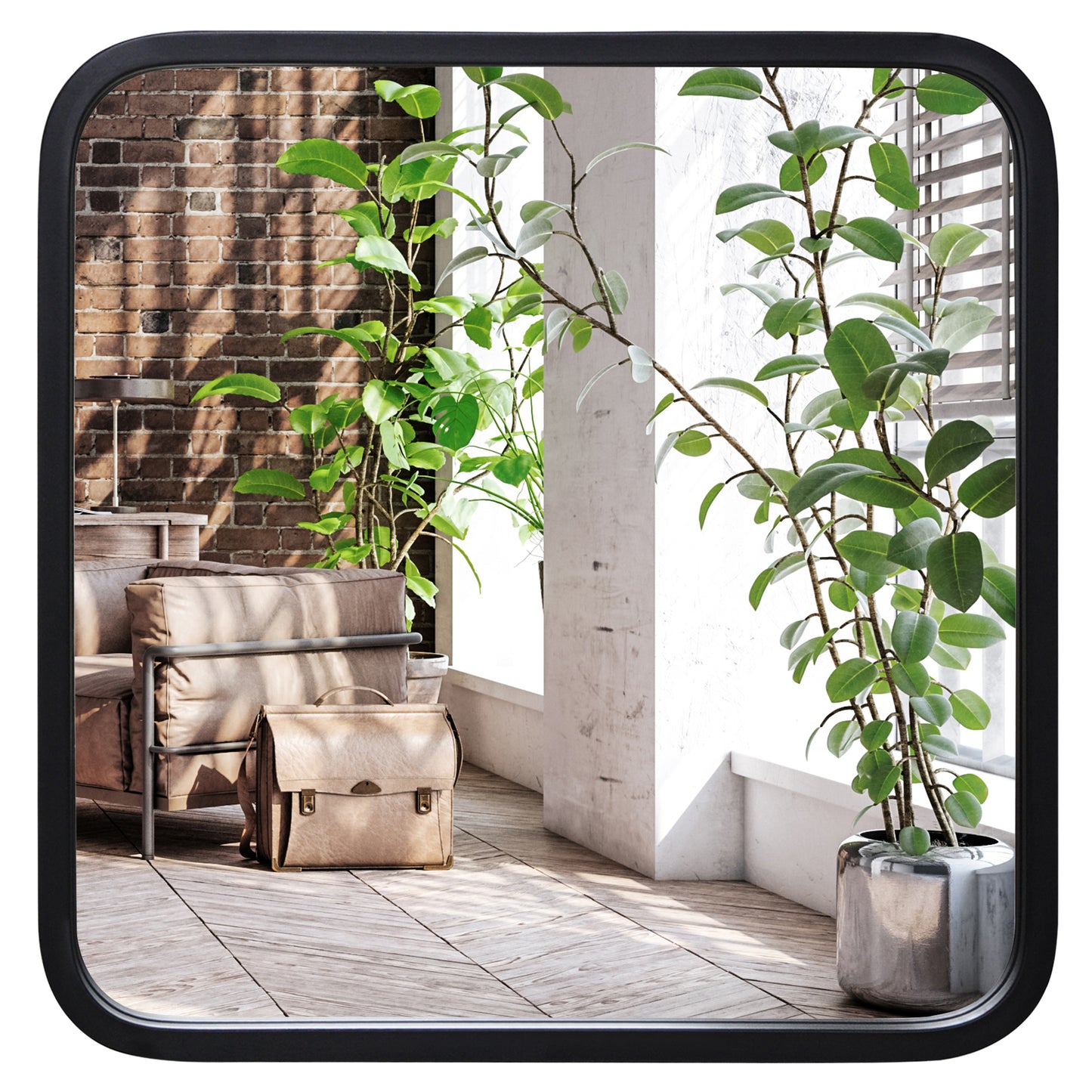Square Black Frame Mirror with Rounded Corners - Modern Wall Mirror for Bathroom, Bedroom, and Living Room - Framed Mirror with Built-in Hanger