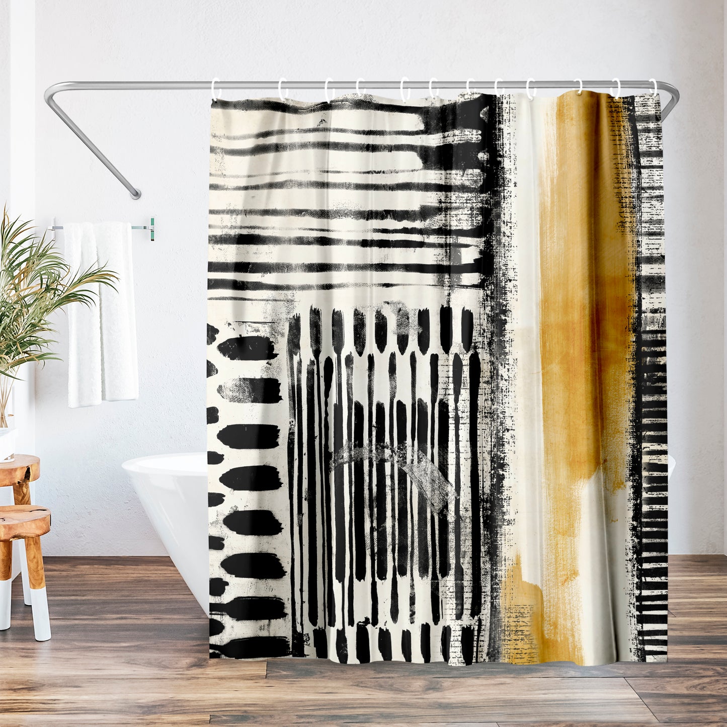 71x74 Abstract Shower Curtain with 12 Metal Grommets | Black and Gold