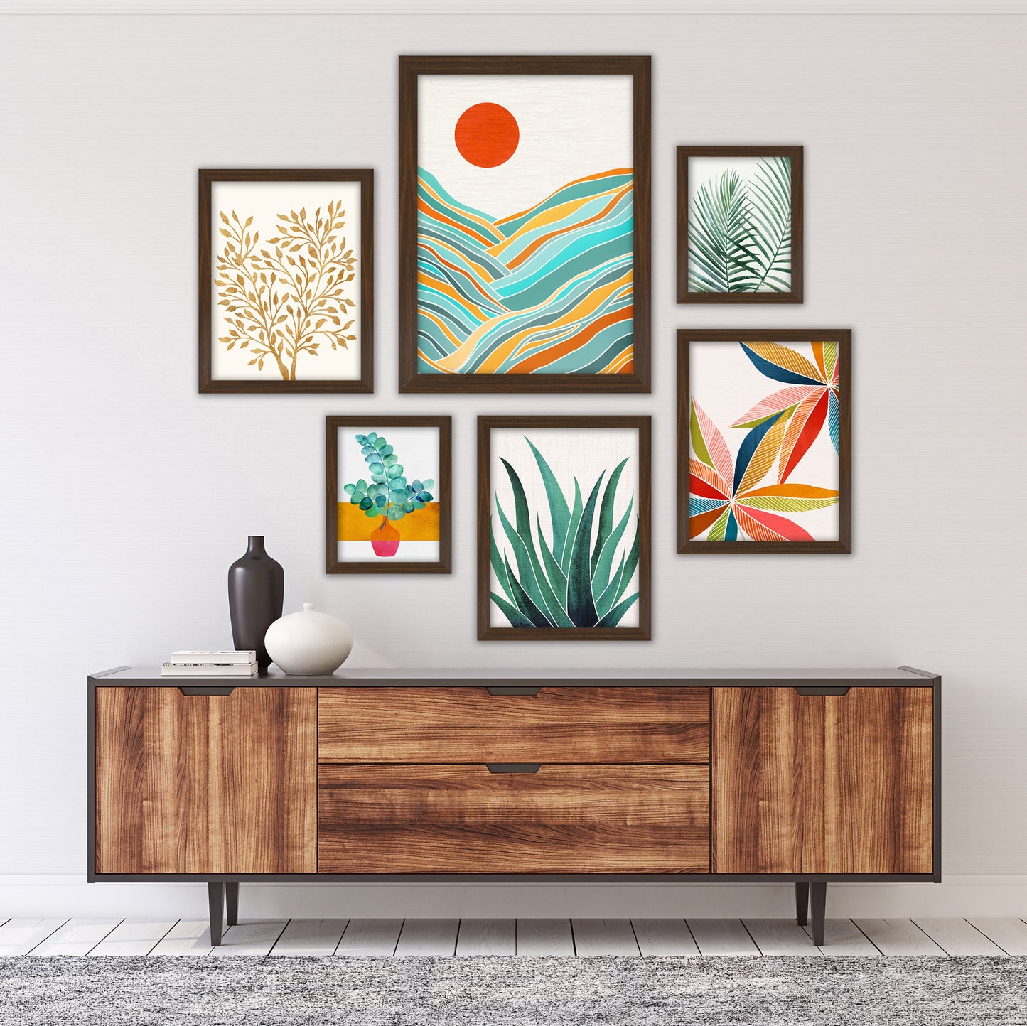 Black and White Modern Tropical Greenery - 6 Piece Framed Gallery Wall Set