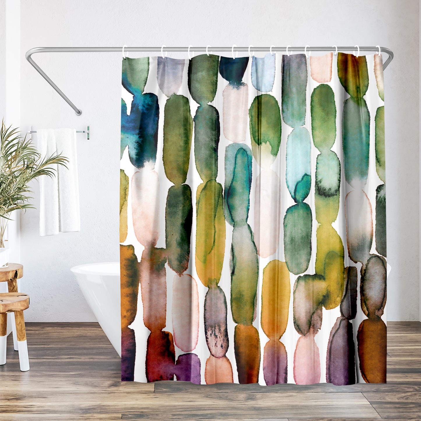 71x74 Abstract Shower Curtain with 12 Metal Grommets | Watercolor Strokes