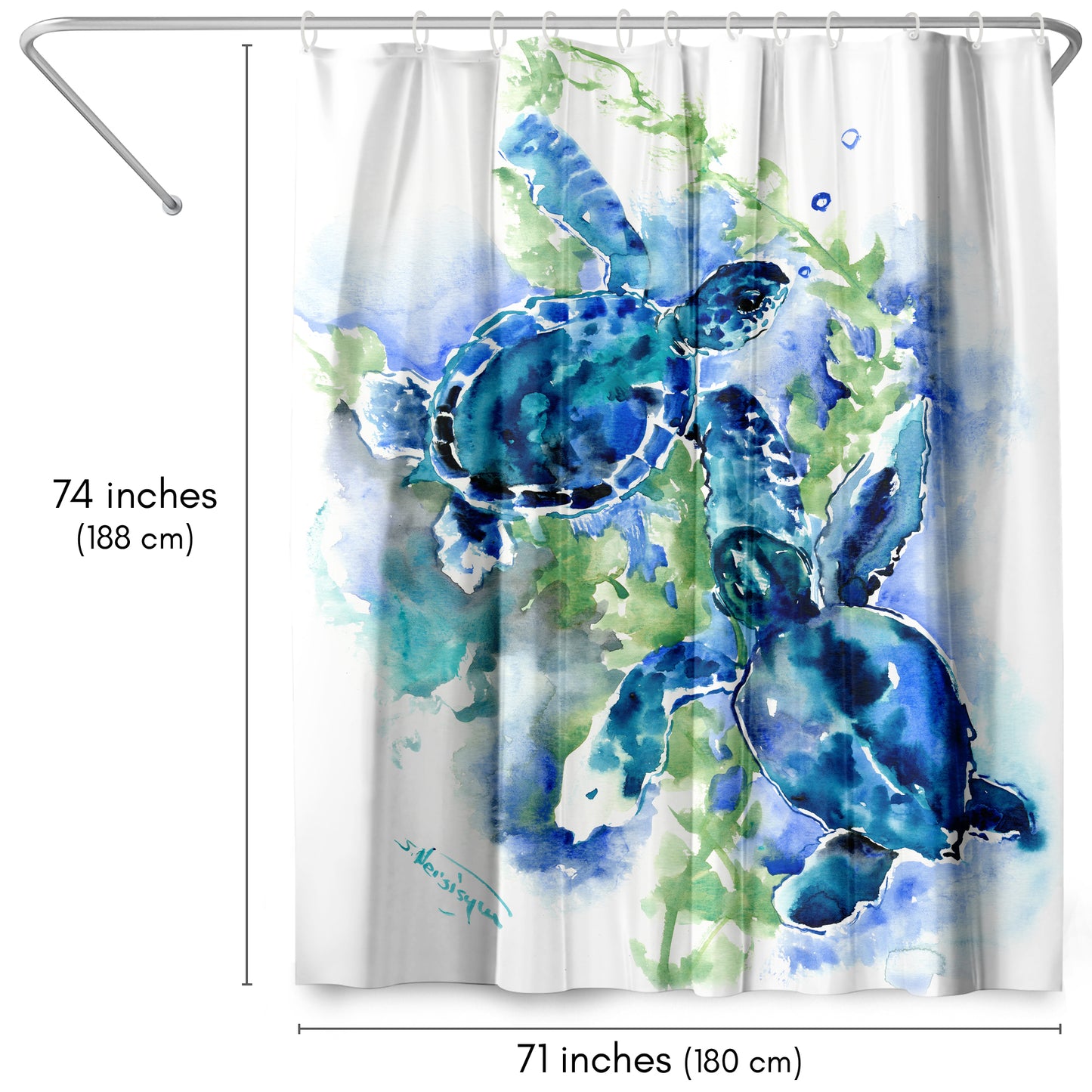 71" x 74" Abstract Shower Curtain with 12 Hooks, Sea Turtles 1 by Suren Nersisyan