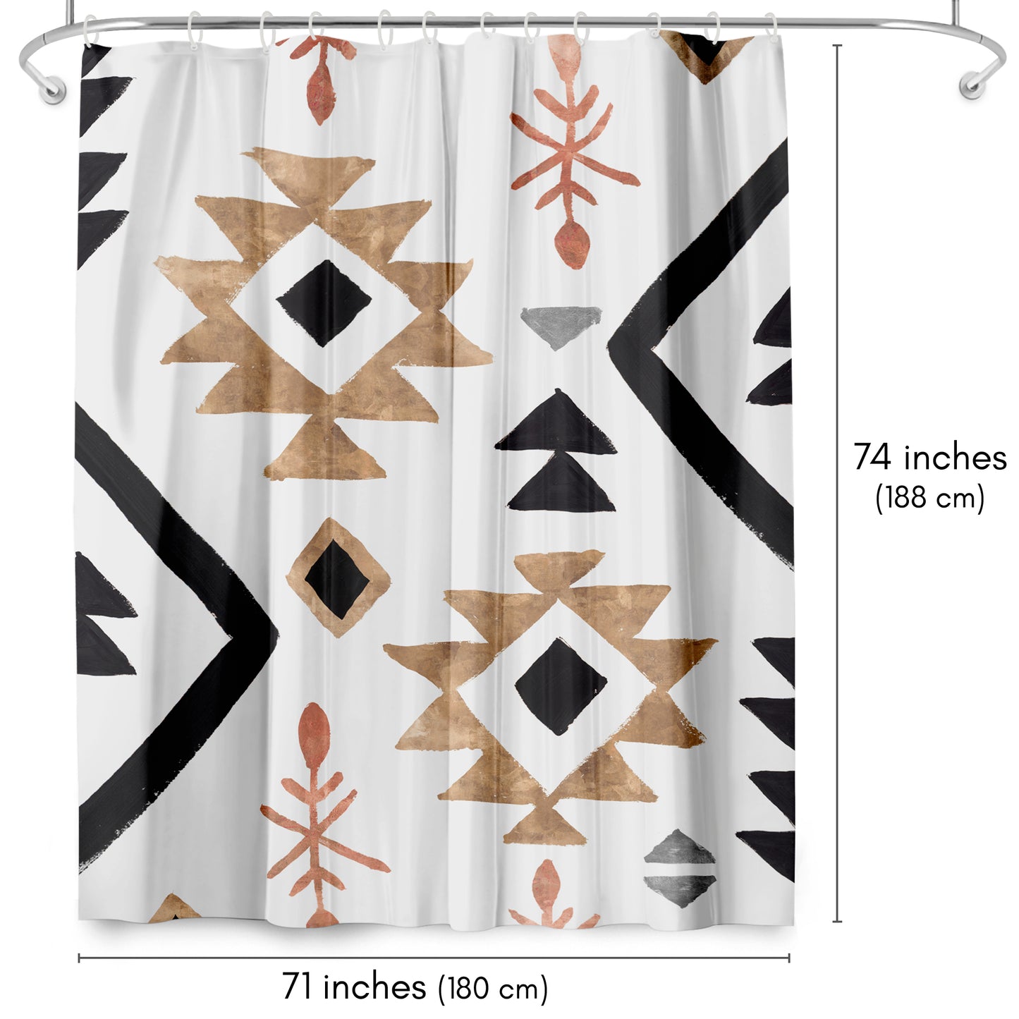 71x74 Boho Shower Curtain with 12 Metal Grommets | Geometric Design