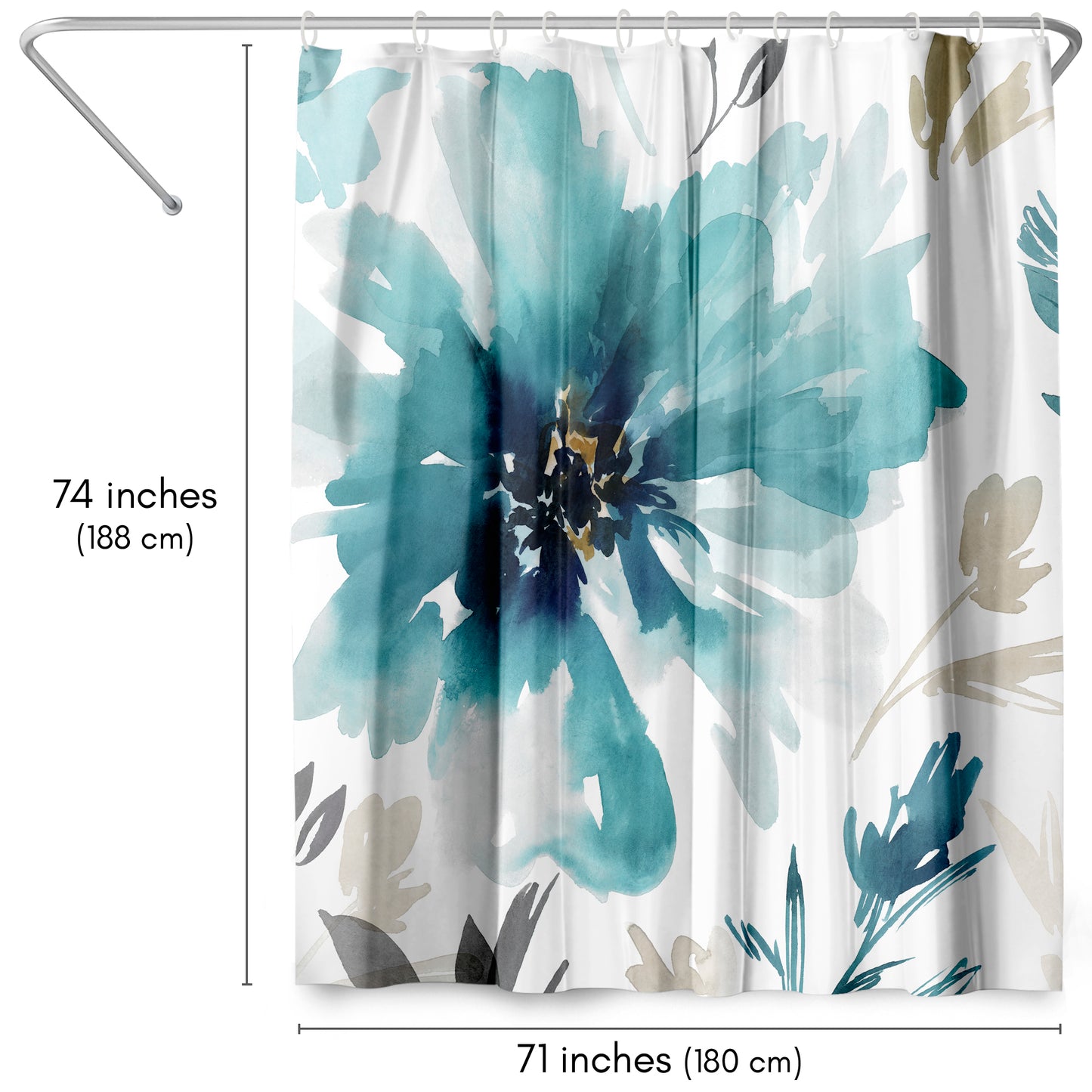 71x74 Abstract Shower Curtain with 12 Metal Grommets | Blue Floral