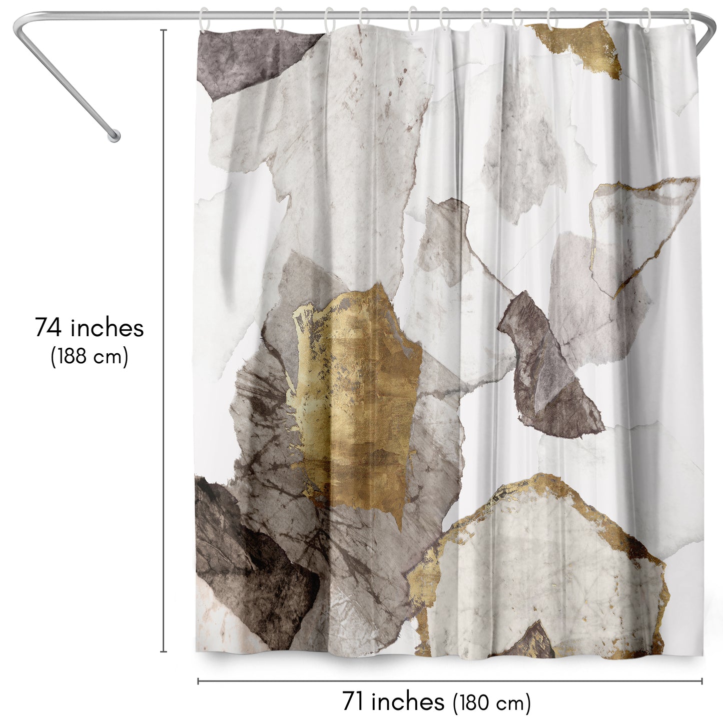 71x74 Abstract Shower Curtain with 12 Metal Grommets | White and Gold