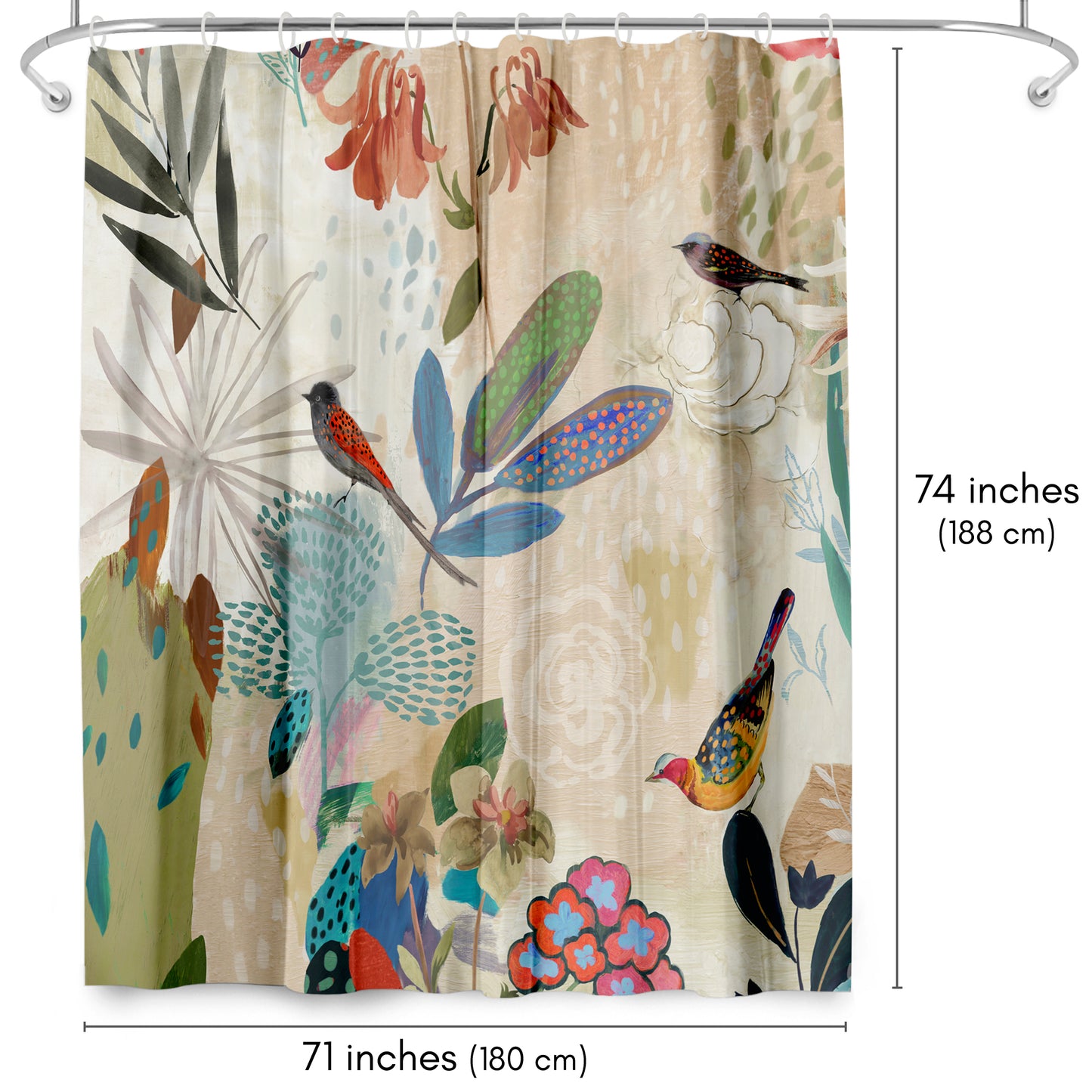71x74 Abstract Shower Curtain with 12 Metal Grommets | Colorful Botanical Design