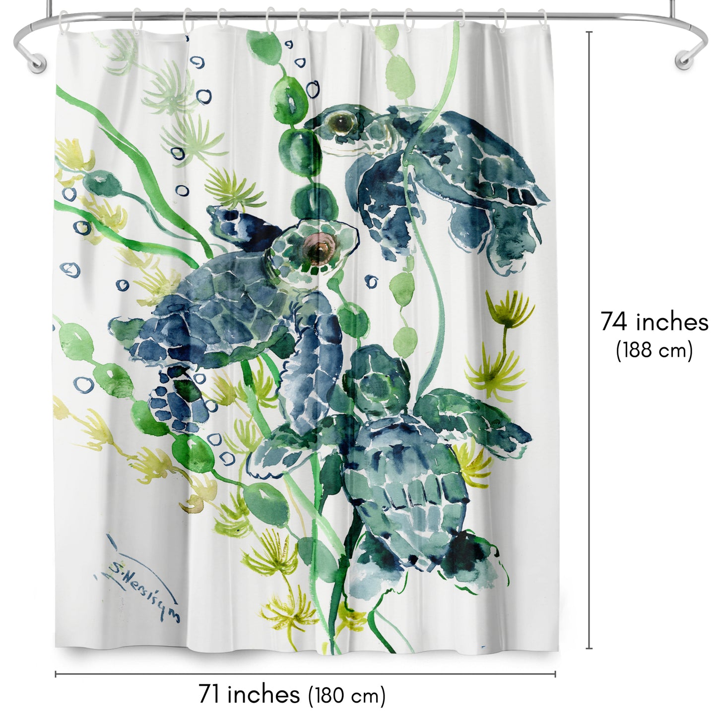 71x74 Sea Turtle Shower Curtain with 12 Metal Grommets | Green