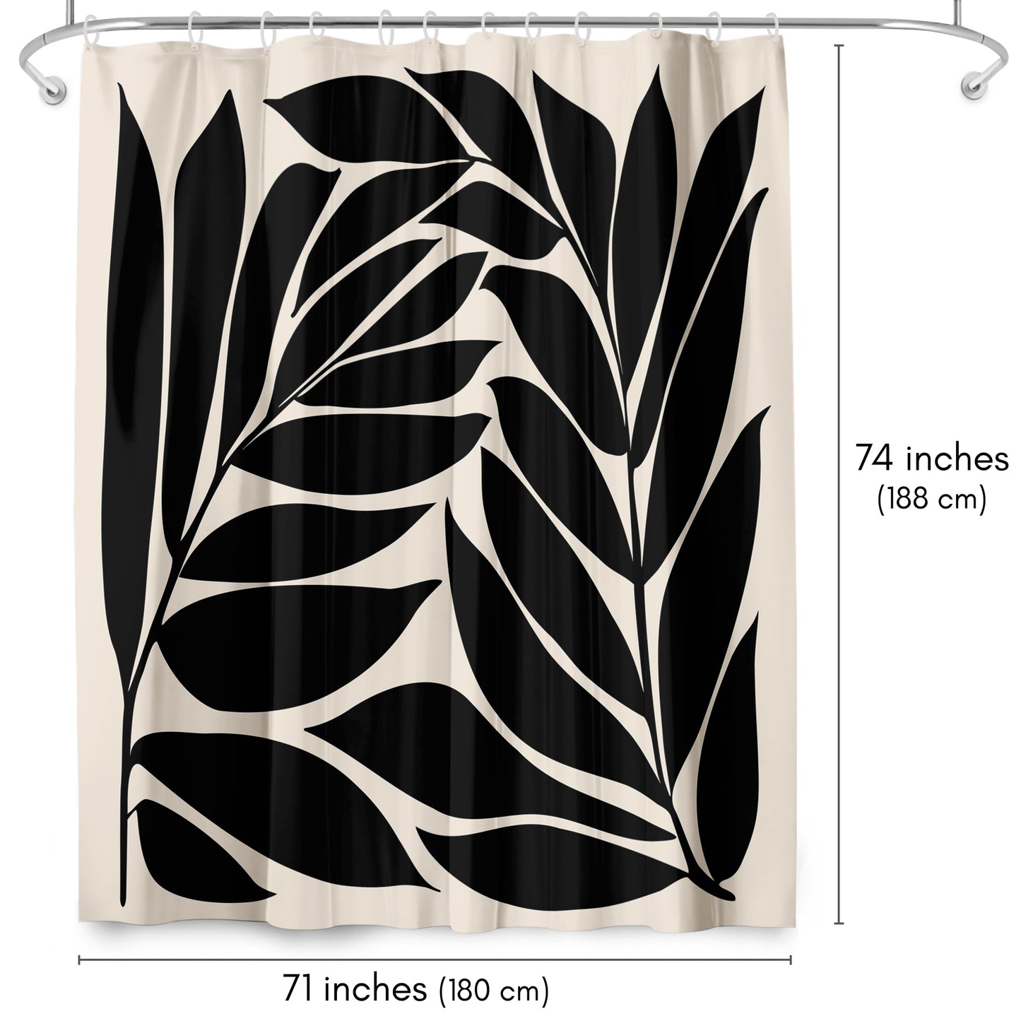 71x74 Botanical Shower Curtain with 12 Metal Grommets | Black Seagrass Shapes