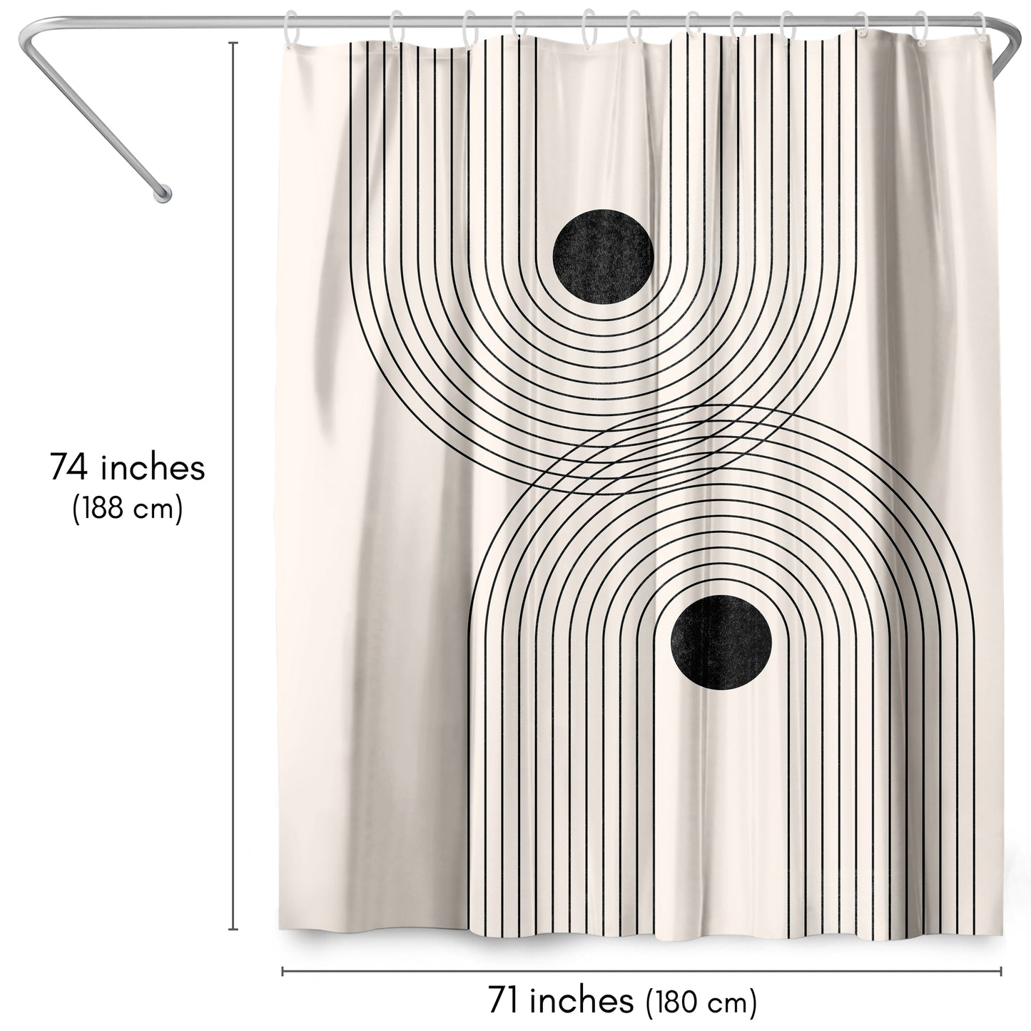 71x74 Abstract Shower Curtain with 12 Metal Grommets | Black Geometrical Line