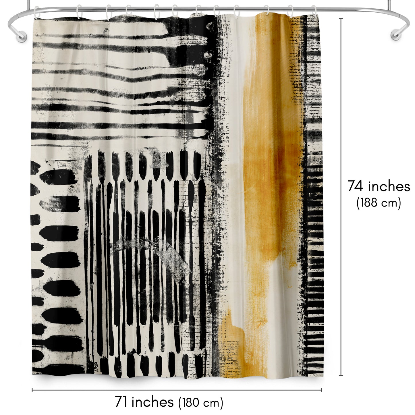 71x74 Abstract Shower Curtain with 12 Metal Grommets | Black and Gold