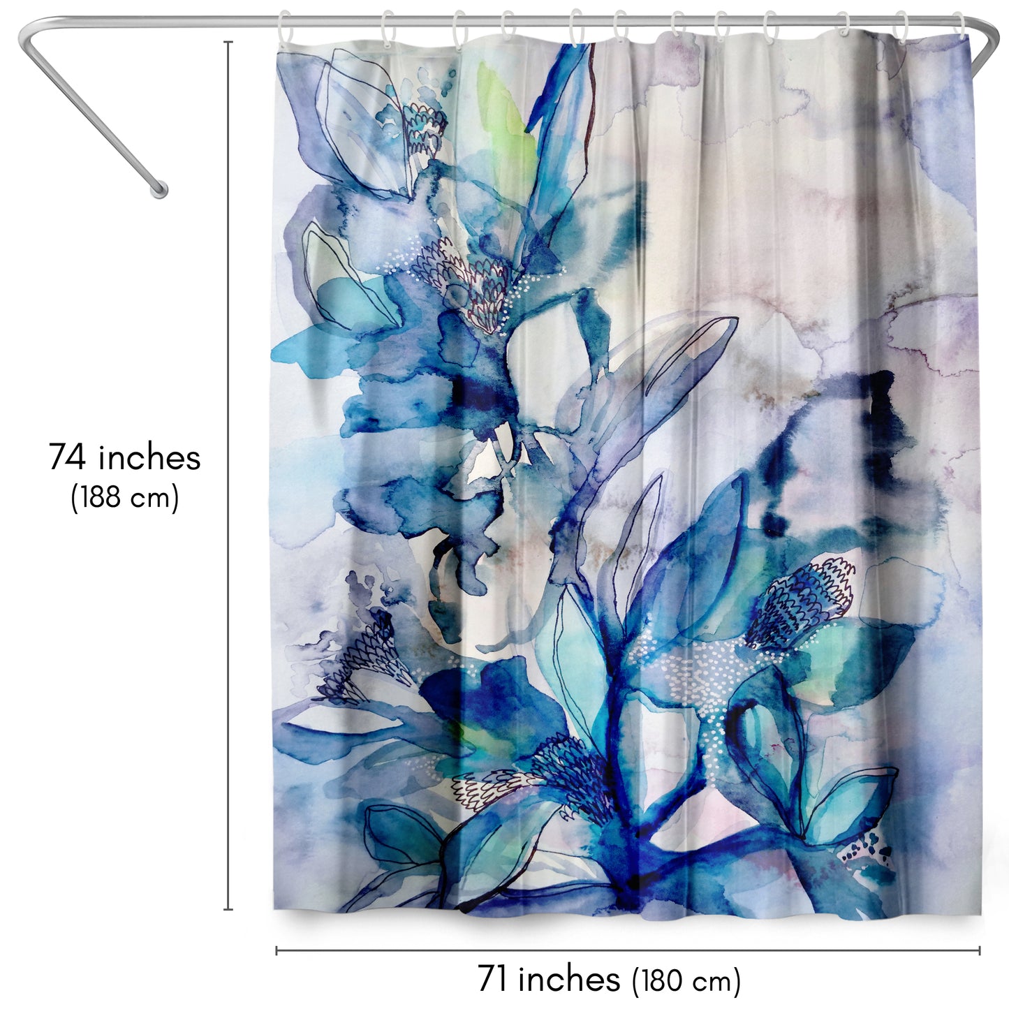 71" x 74" Abstract Shower Curtain with 12 Hooks, Aqua Floral by Hope Bainbridge