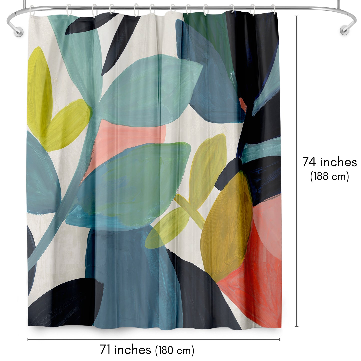 71x74 Abstract Shower Curtain with 12 Metal Grommets | Vibrant Botanical Design