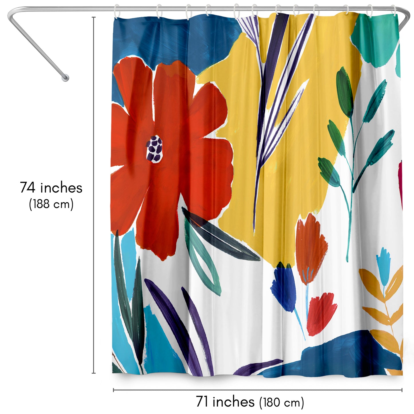 71x74 Boho Shower Curtain with 12 Metal Grommets | Bright Floral Design