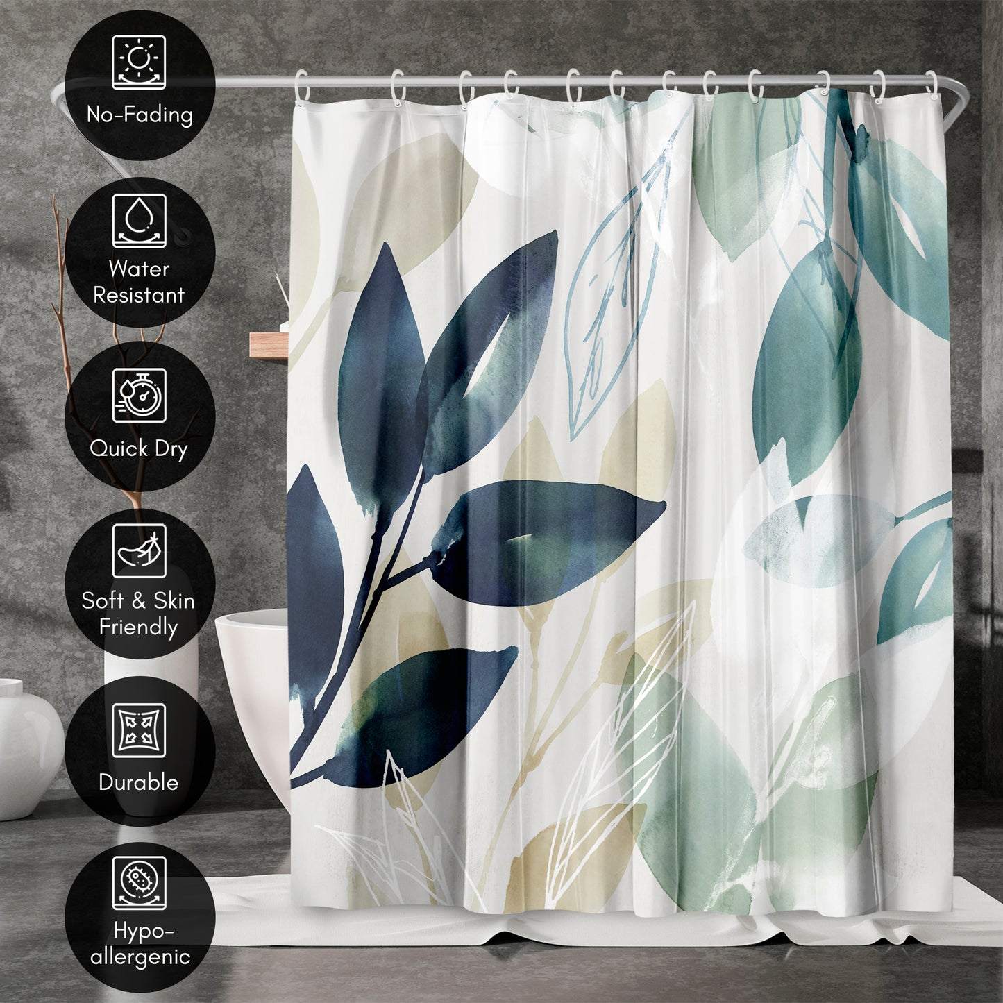 71x74 Abstract Shower Curtain with 12 Metal Grommets | Green Botanical Design