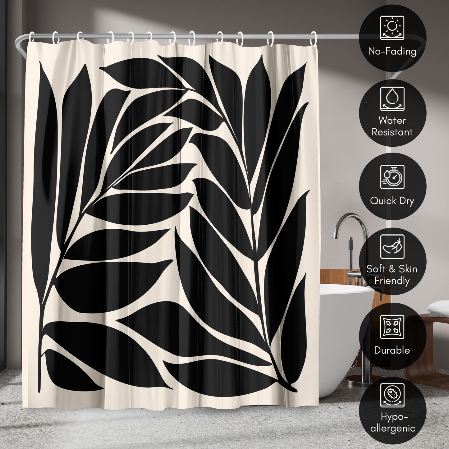 71x74 Botanical Shower Curtain with 12 Metal Grommets | Black Seagrass Shapes