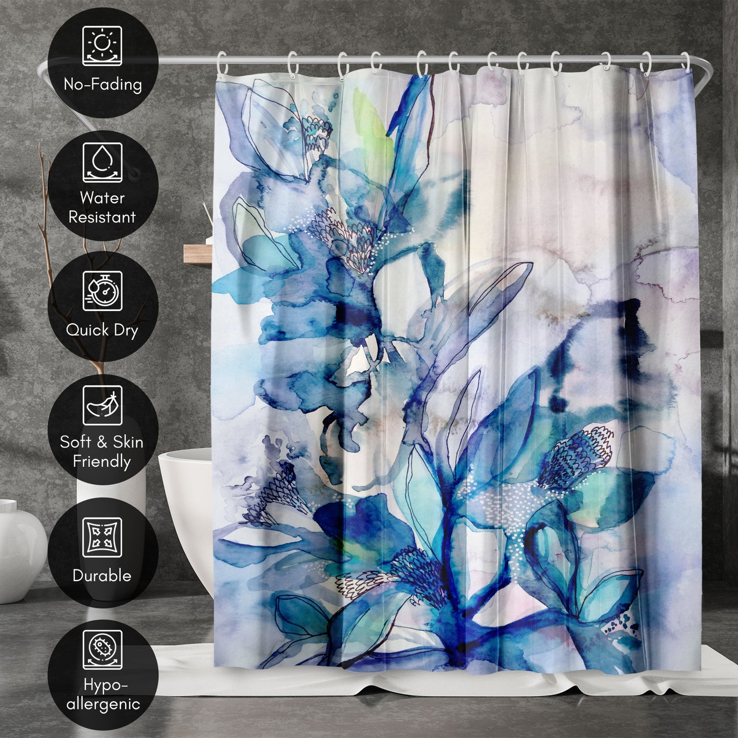 71" x 74" Abstract Shower Curtain with 12 Hooks, Aqua Floral by Hope Bainbridge