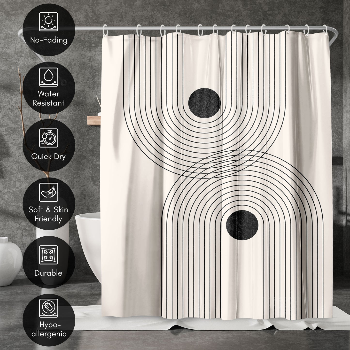 71x74 Abstract Shower Curtain with 12 Metal Grommets | Black Geometrical Line