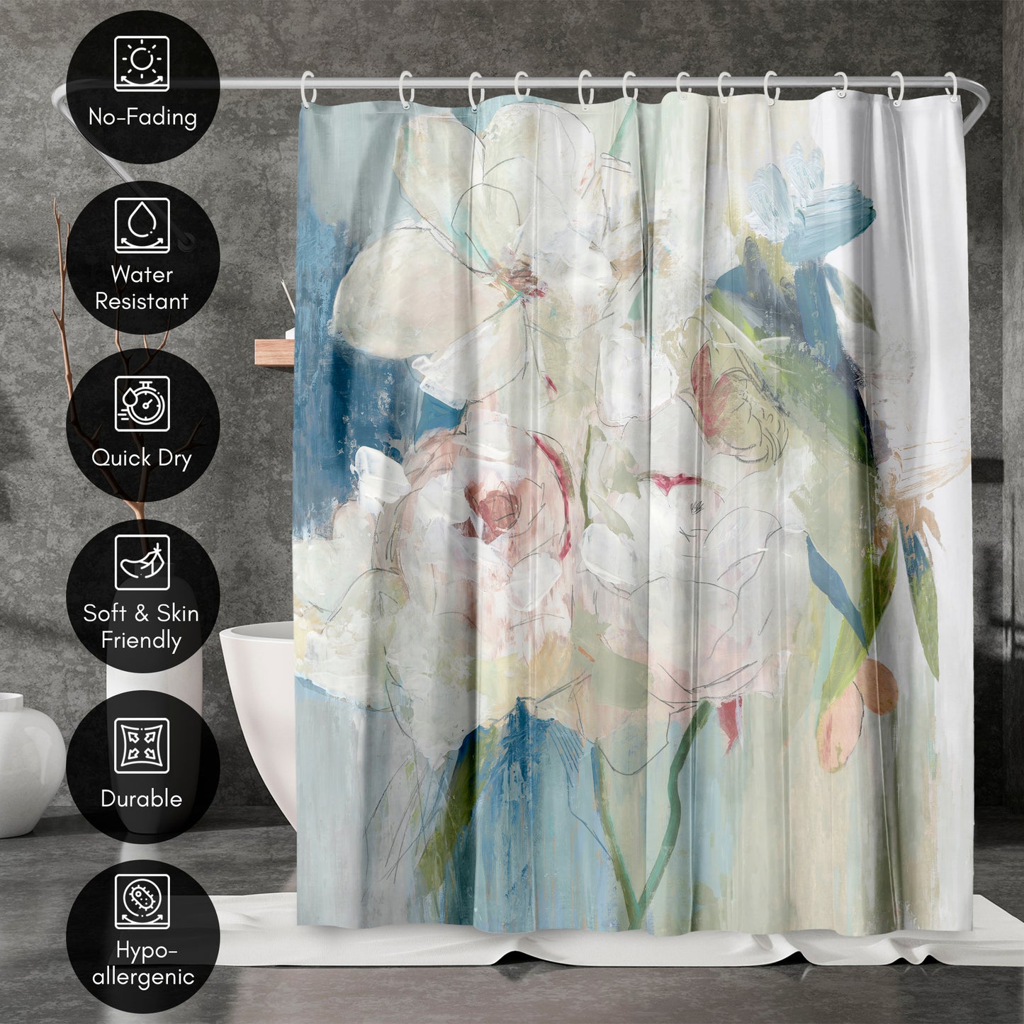 71x74 Abstract Shower Curtain with 12 Metal Grommets | Blissful Peony