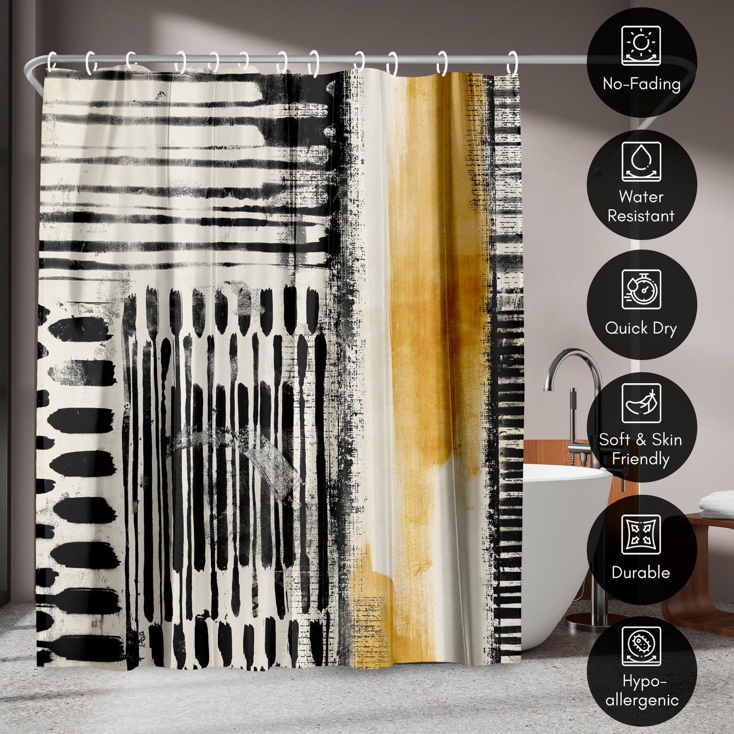 71x74 Abstract Shower Curtain with 12 Metal Grommets | Black and Gold