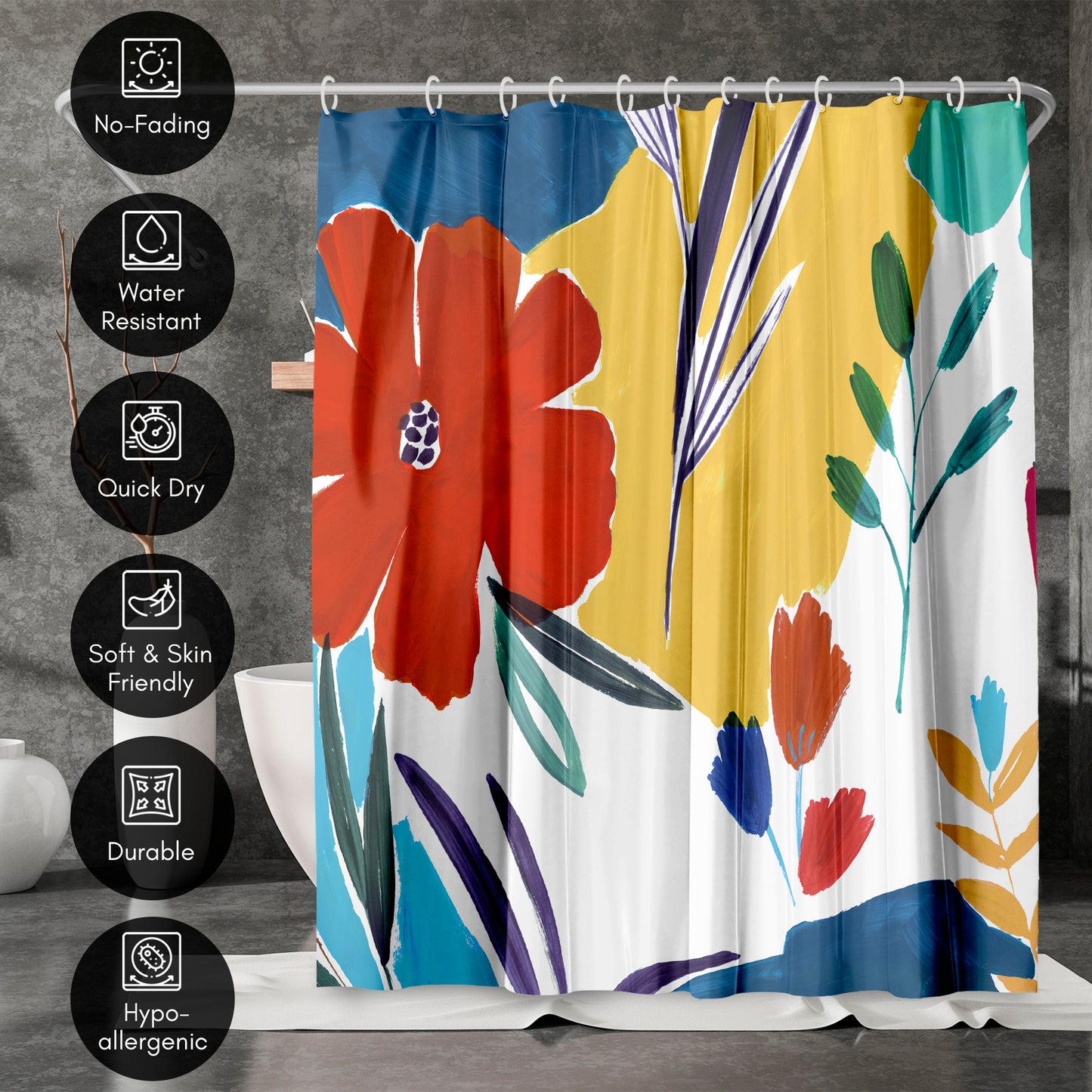 71x74 Boho Shower Curtain with 12 Metal Grommets | Bright Floral Design