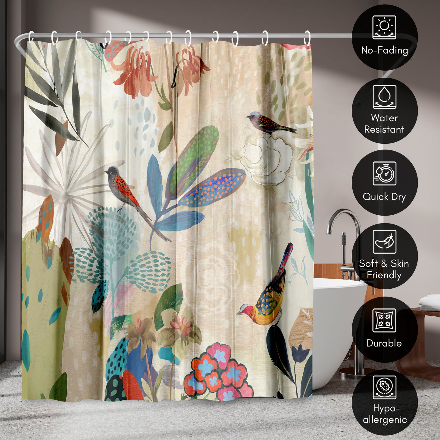 71x74 Abstract Shower Curtain with 12 Metal Grommets | Colorful Botanical Design