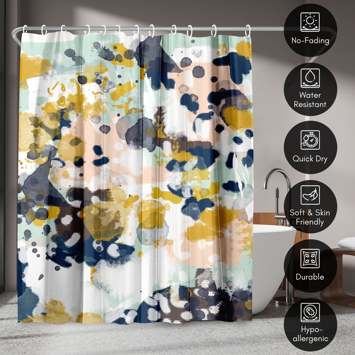 71x74 Abstract Shower Curtain with 12 Metal Grommets | Colorful Artistic Design
