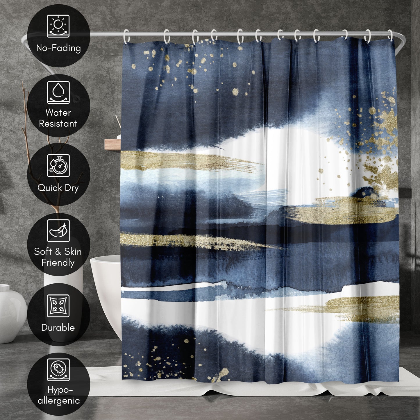 71" x 74" Decorative Shower Curtain with 12 Hooks, Abstract Navy Gold by Lisa Nohren