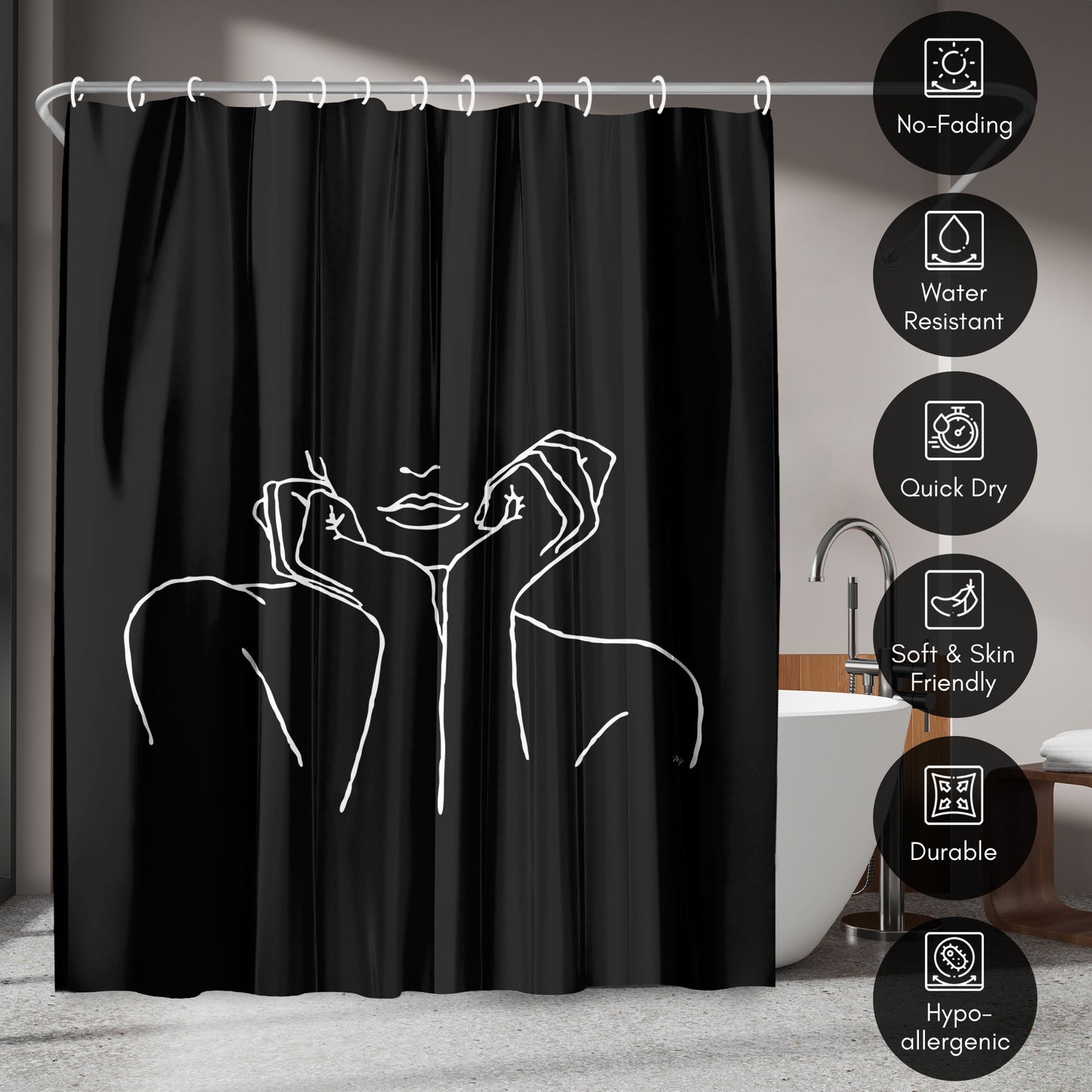 71x74 Decorative Shower Curtain with 12 Metal Grommets | Black