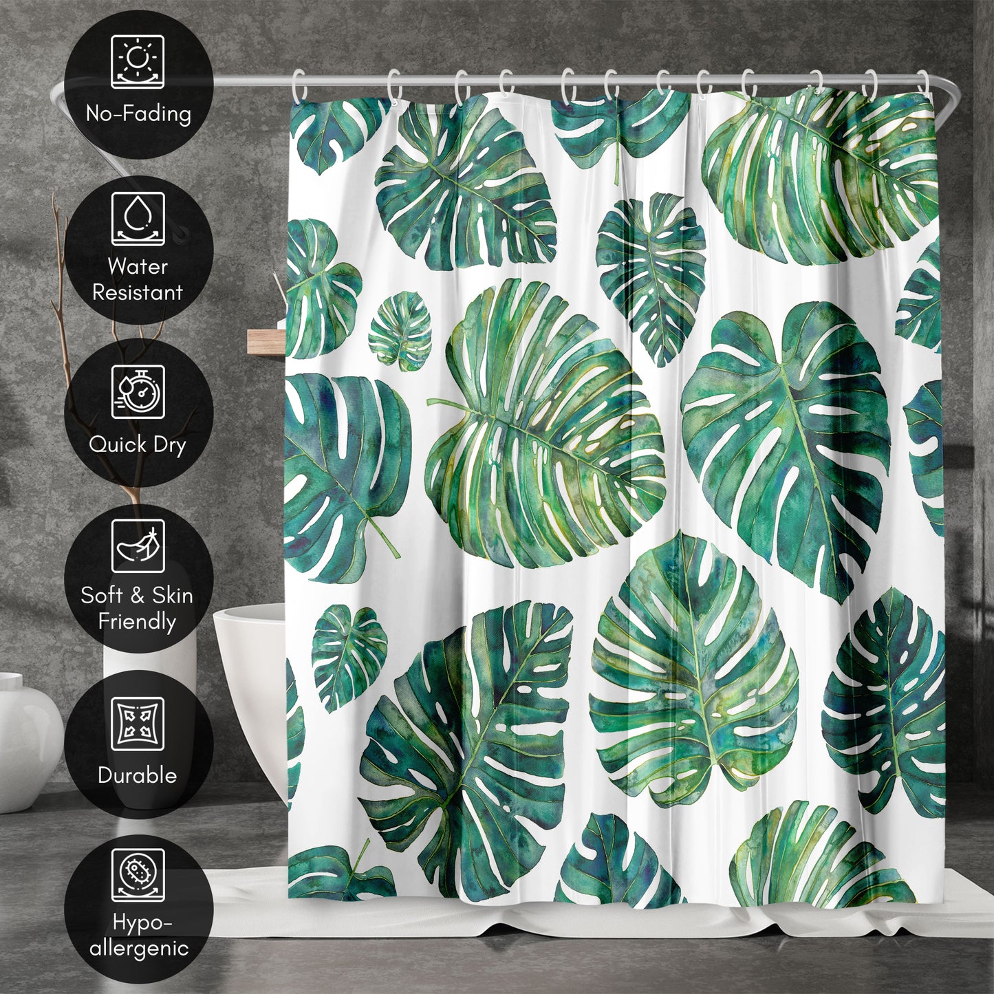 71" x 74" Decorative Shower Curtain with 12 Hooks, Tropical Leaves by Elena O'Neill