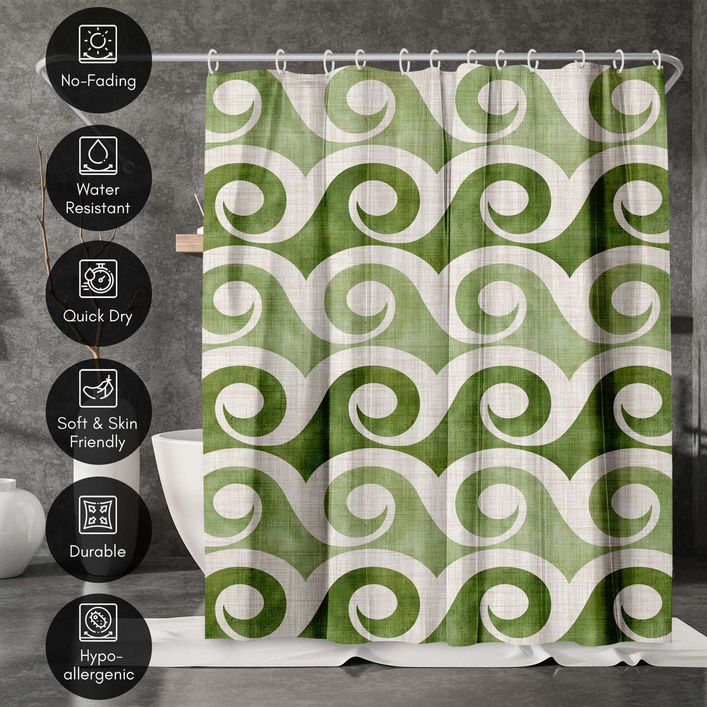 71" x 74" Abstract Shower Curtain with 12 Hooks, Retro Waves In Green by Modern Tropical