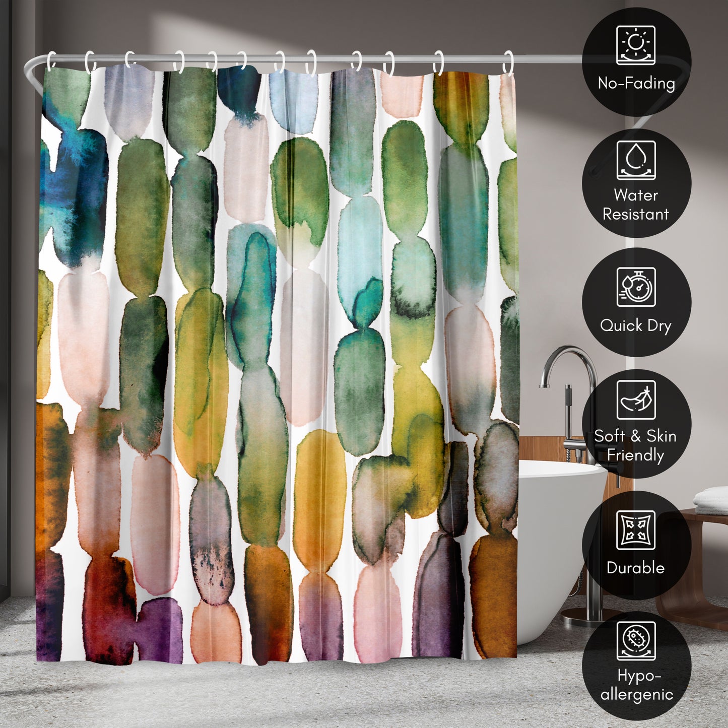 71x74 Abstract Shower Curtain with 12 Metal Grommets | Watercolor Strokes