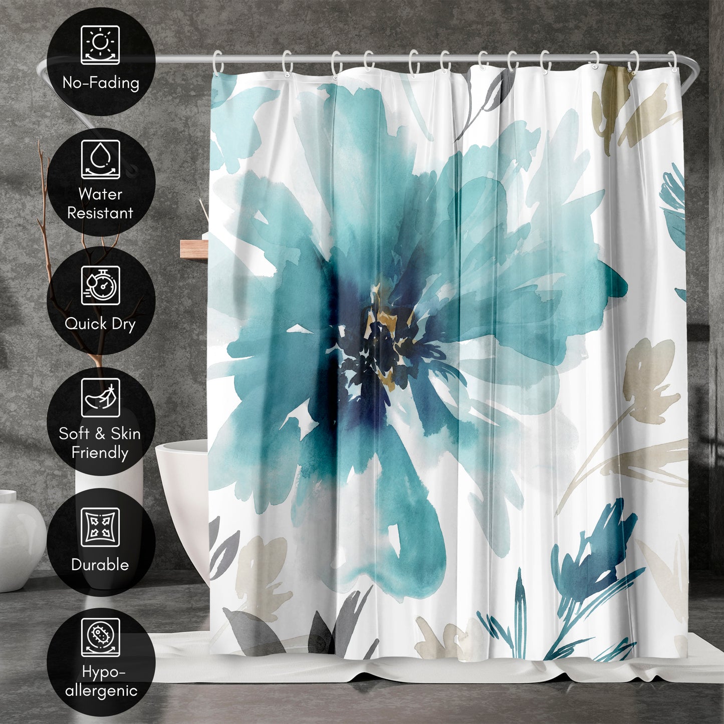 71x74 Abstract Shower Curtain with 12 Metal Grommets | Blue Floral