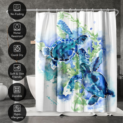 71" x 74" Abstract Shower Curtain with 12 Hooks, Sea Turtles 1 by Suren Nersisyan