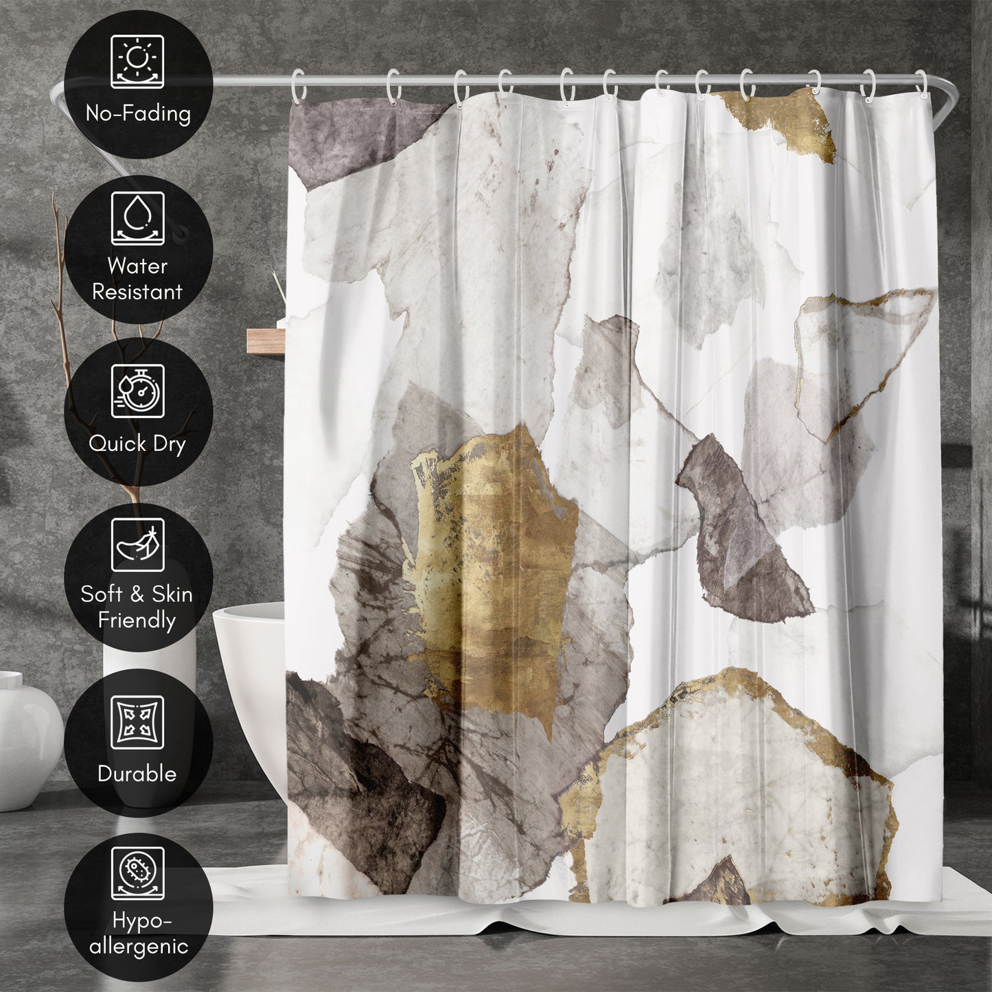 71x74 Abstract Shower Curtain with 12 Metal Grommets | White and Gold