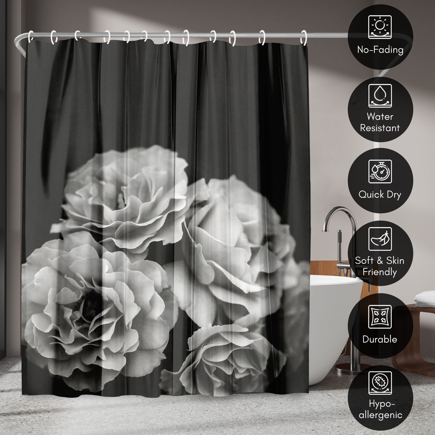 71x74 Floral Shower Curtain with 12 Metal Grommets | Moody Roses