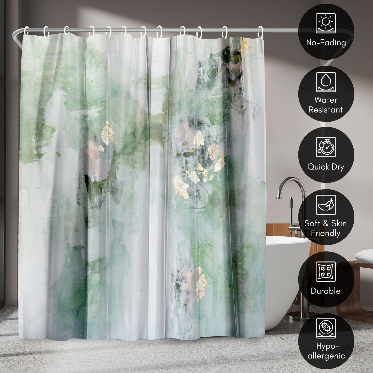 71x74 Abstract Shower Curtain with 12 Metal Grommets | Green Modern Design
