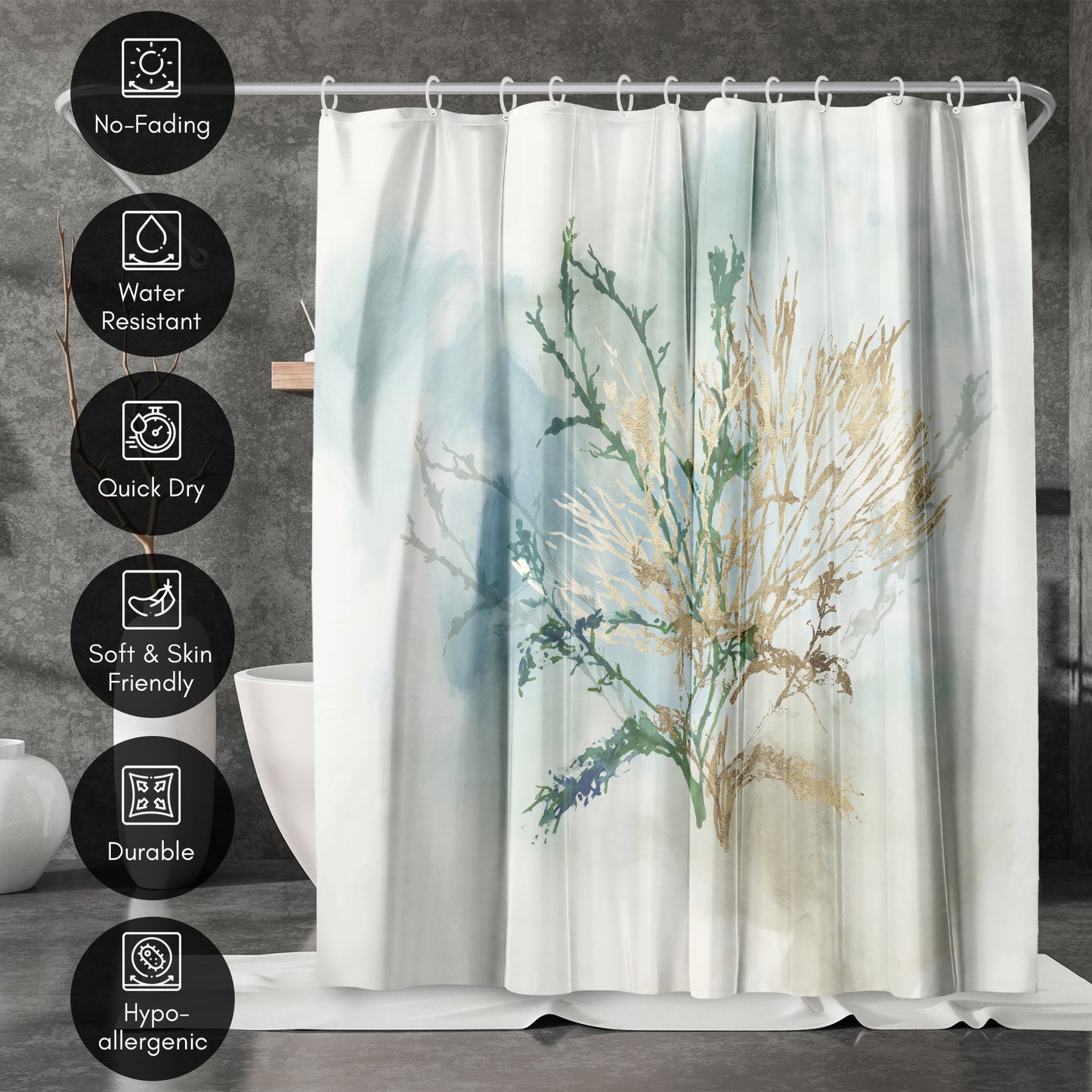 71x74 Abstract Shower Curtain with 12 Metal Grommets | Green Coral