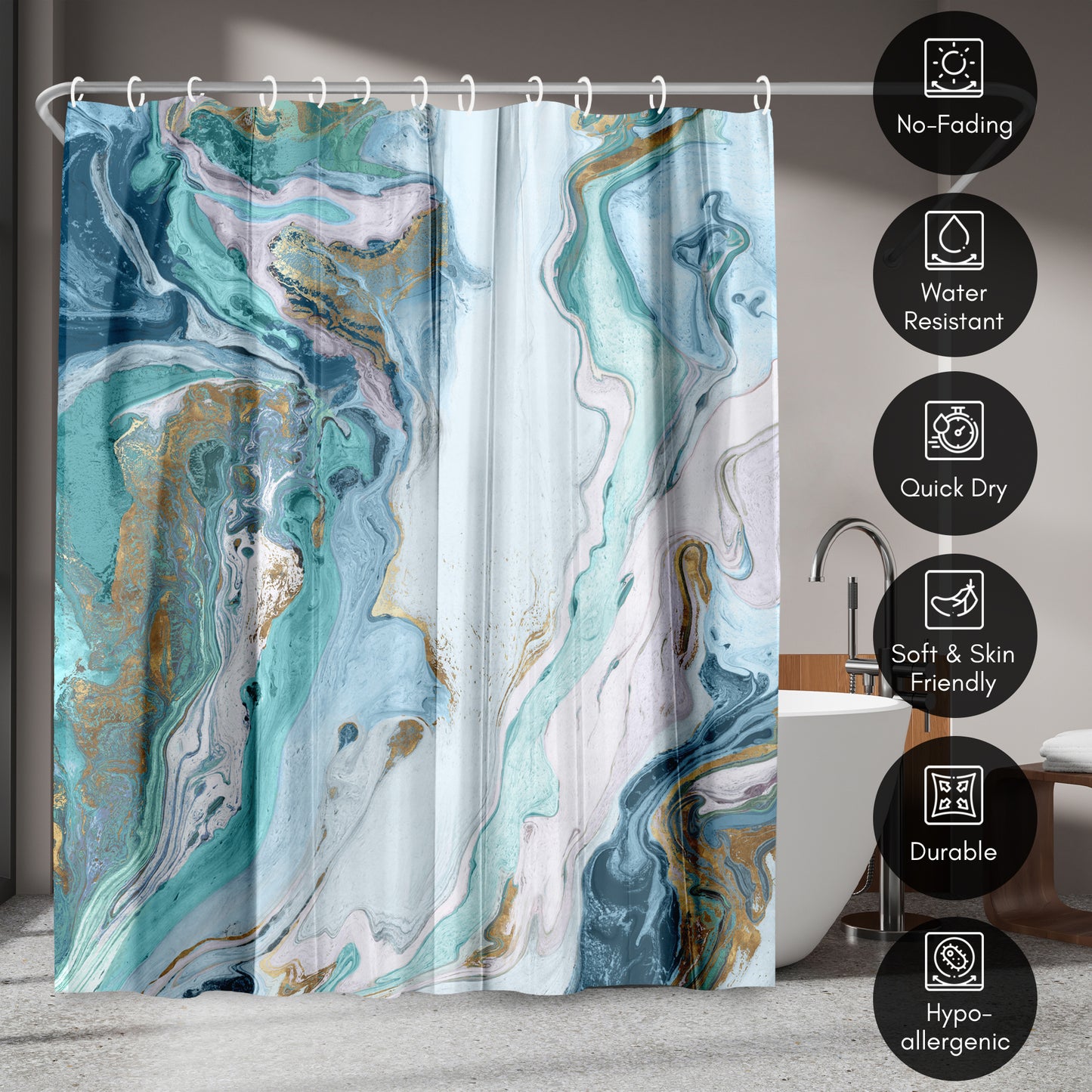 71x74 Blue Marble Shower Curtain with 12 Metal Grommets