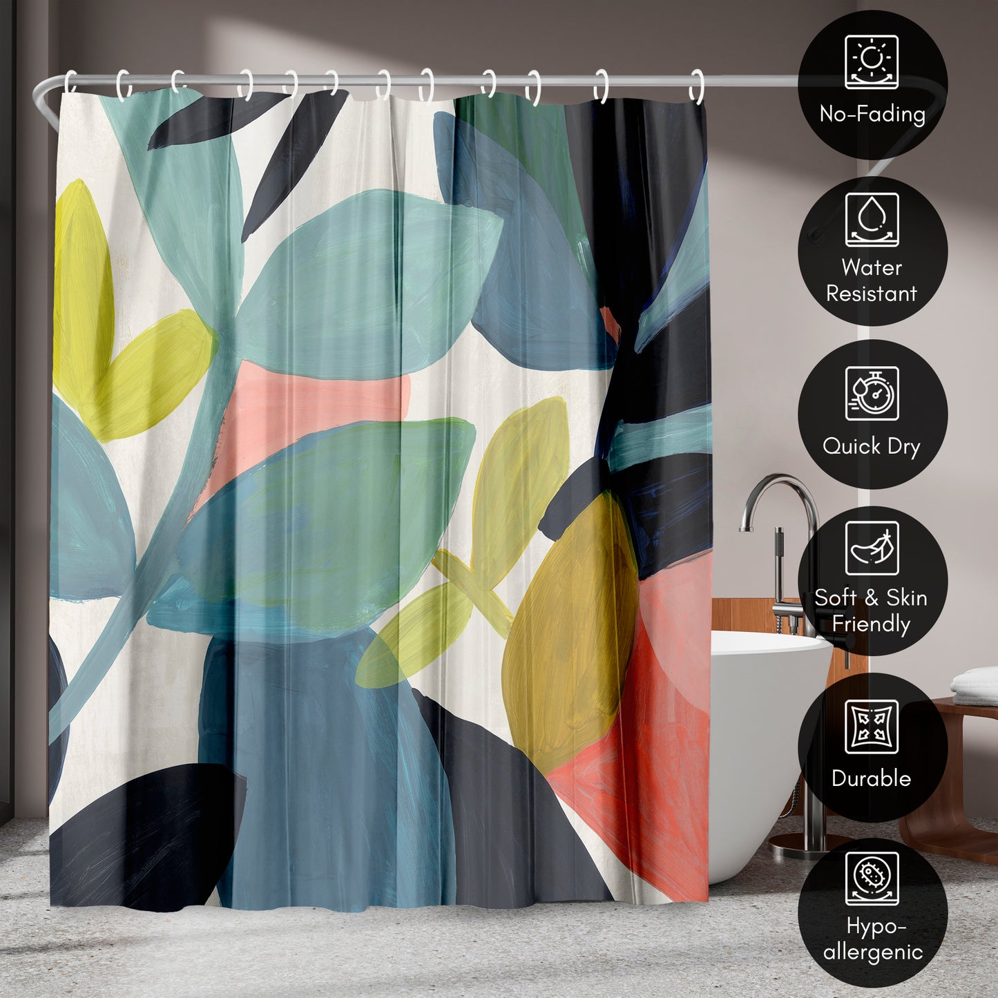 71x74 Abstract Shower Curtain with 12 Metal Grommets | Vibrant Botanical Design