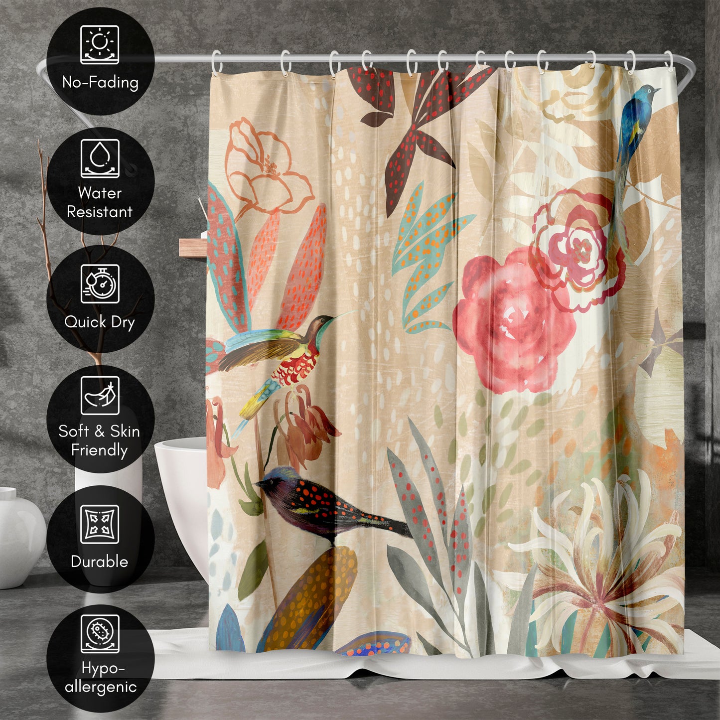 71x74 Abstract Shower Curtain with 12 Metal Grommets | Botanical-Inspired