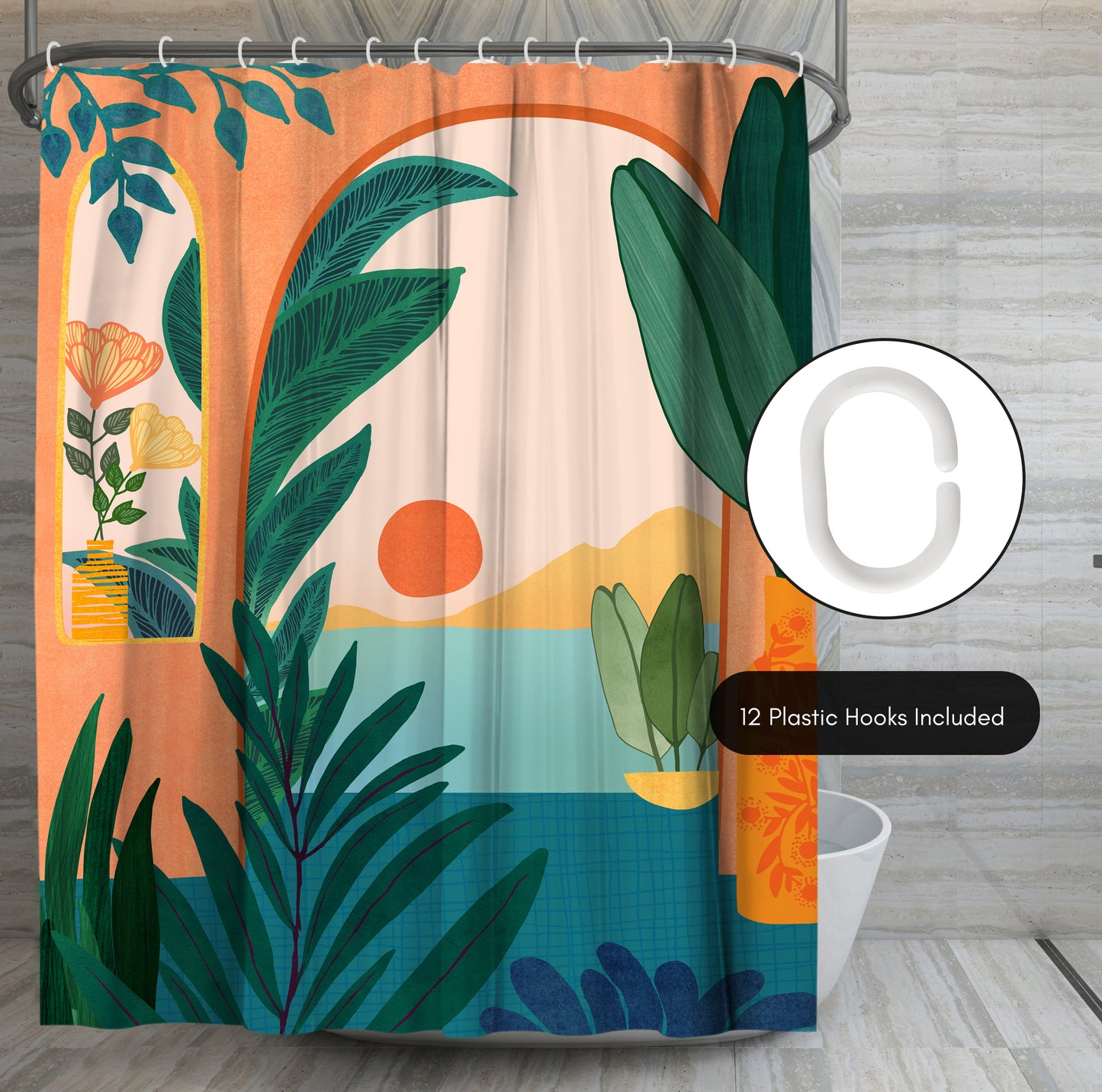 71" x 74" Boho Shower Curtain with 12 Hooks, Ocean View by Modern Tropical