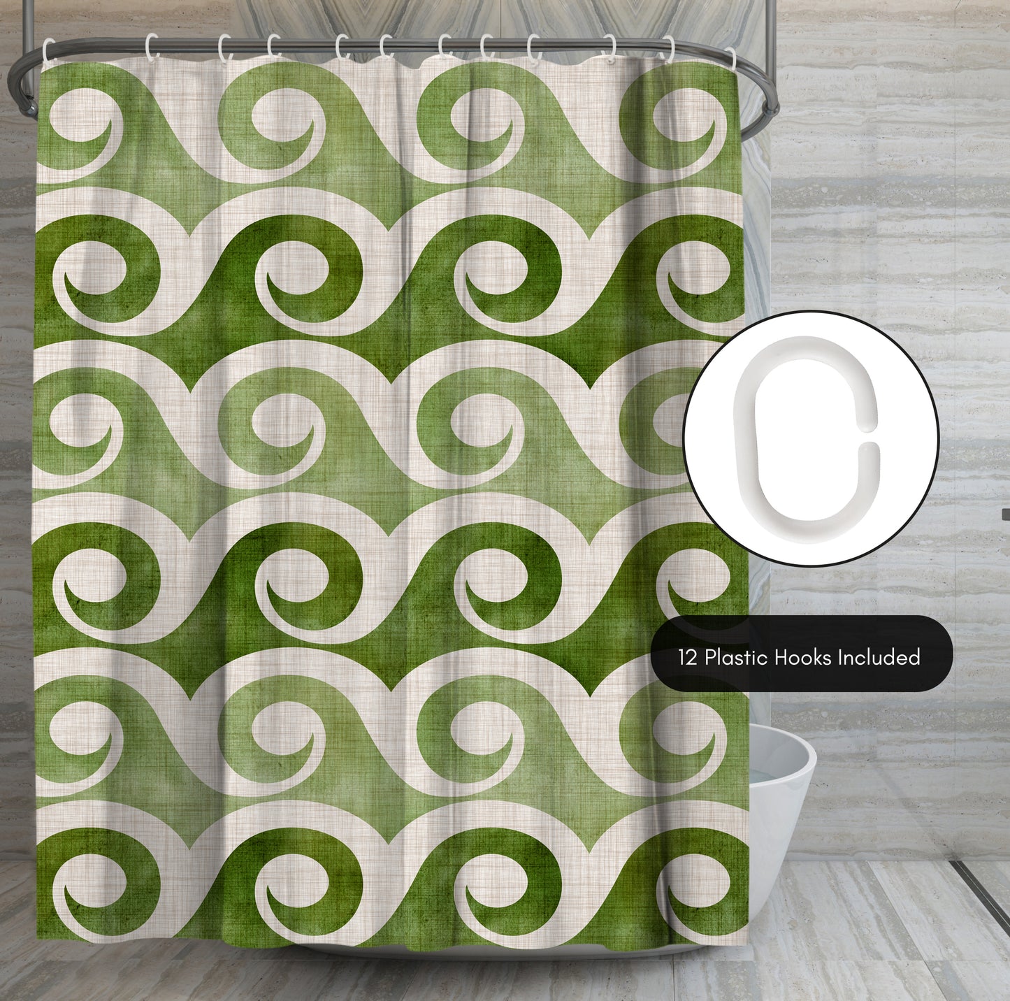 71" x 74" Abstract Shower Curtain with 12 Hooks, Retro Waves In Green by Modern Tropical