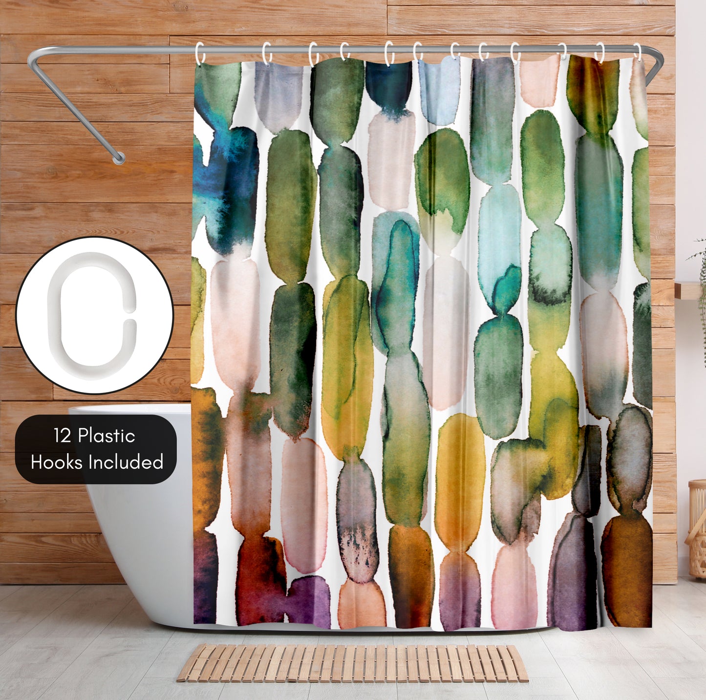 71x74 Abstract Shower Curtain with 12 Metal Grommets | Watercolor Strokes