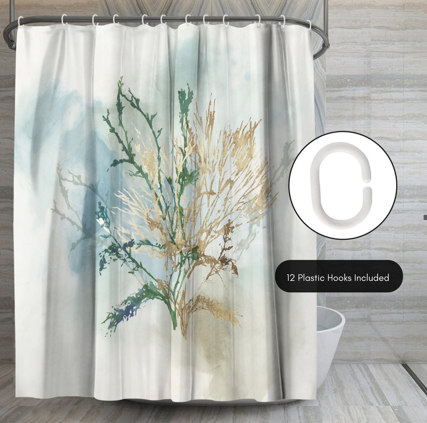 71x74 Abstract Shower Curtain with 12 Metal Grommets | Green Coral
