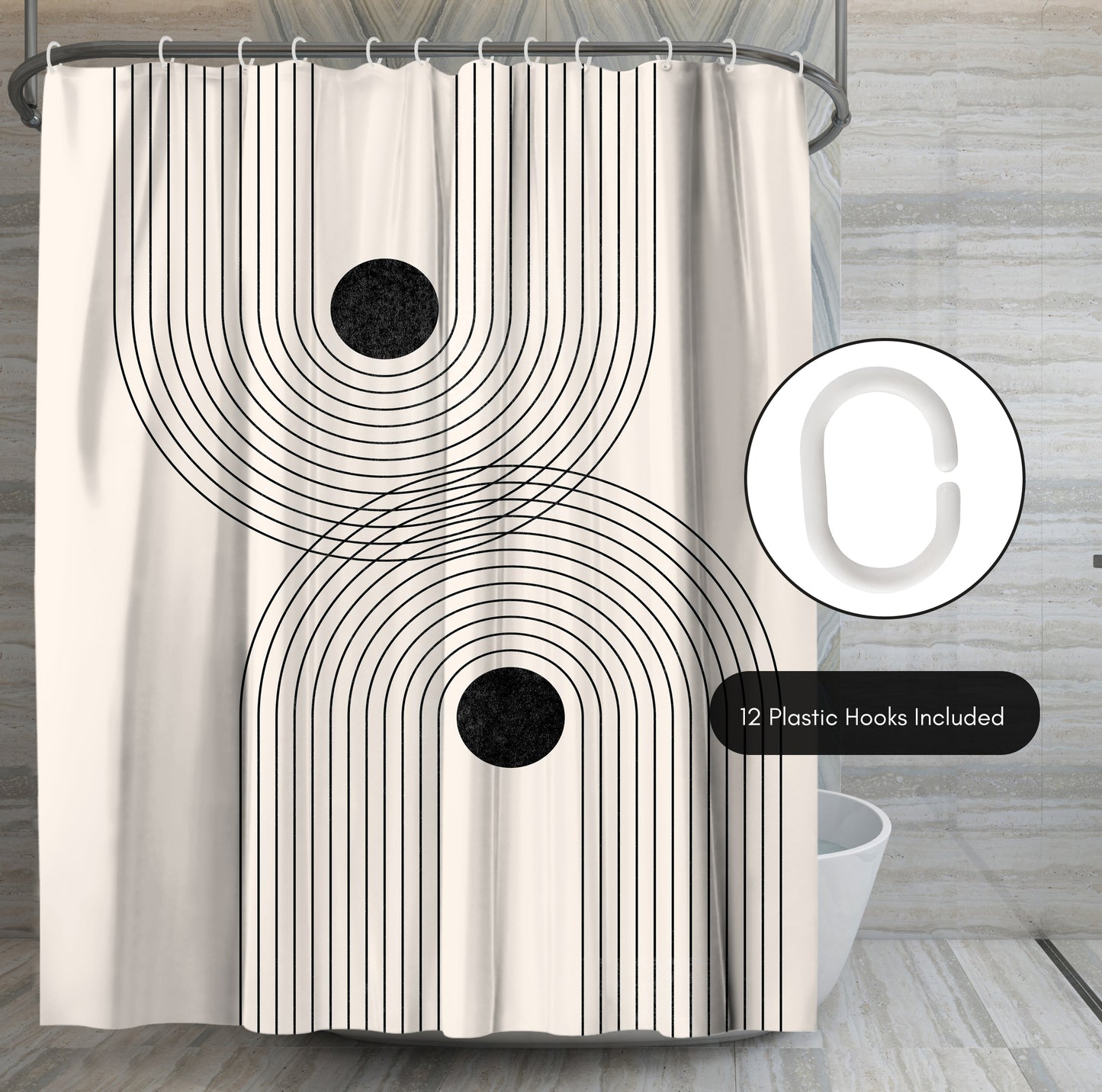 71x74 Abstract Shower Curtain with 12 Metal Grommets | Black Geometrical Line