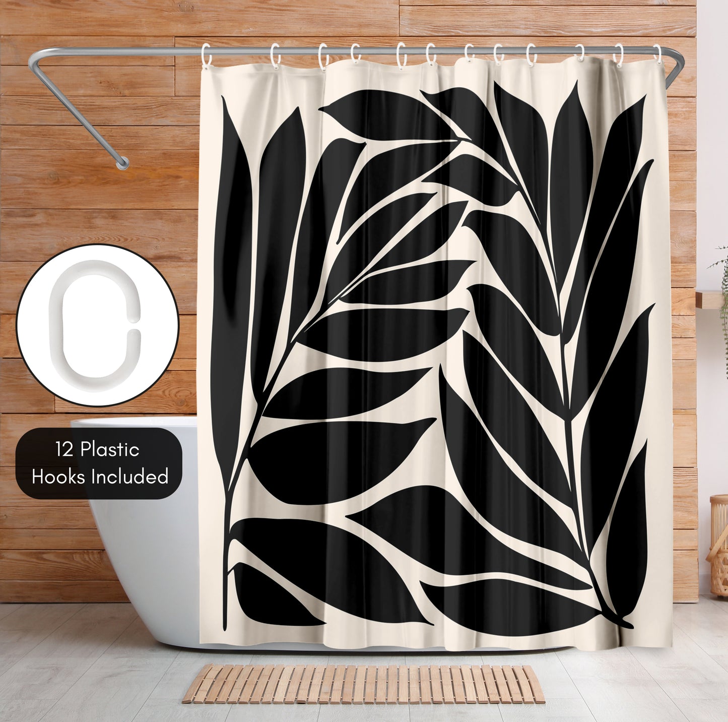 71x74 Botanical Shower Curtain with 12 Metal Grommets | Black Seagrass Shapes